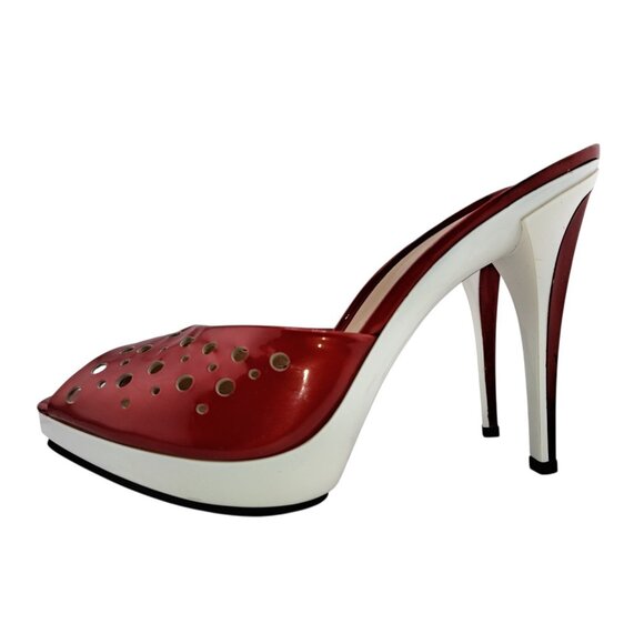 Stuart Weitzman Red Patent Leather Perforated Platform High Heel Mules 7.5 Peep - Picture 7 of 9